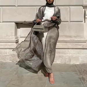 Fashion Islamic Clothing Dubai Abaya Muslim Dress Organza Shining Polyester Front Open Abaya
