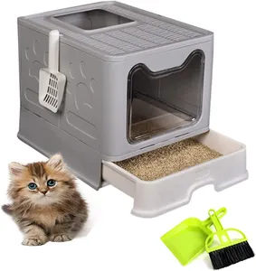 带盖子的可折叠猫砂箱，大型顶部入口猫厕所包括猫砂勺，抽屉式易清洁猫砂盘