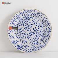 Service de vaisselle en porcelaine fine, motif floral nordique, feuille verte classique, bord doré moderne, pour mariage