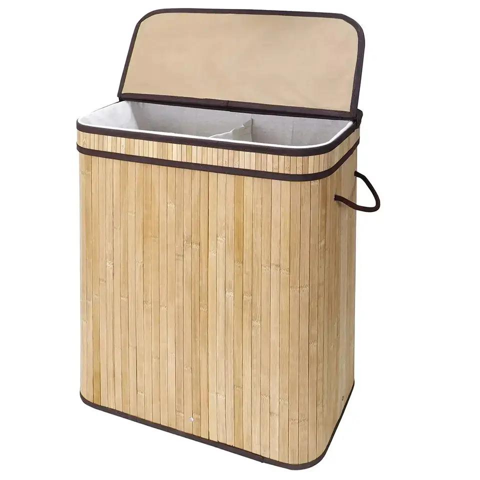 Katlanabilir taşınabilir dikdörtgen bambu iki bölüm çamaşır sepeti sepet kirli giysiler katlanabilir çamaşır sepeti