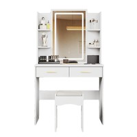 Ensemble de coiffeuse moderne à LED avec miroir et tabouret, table de maquillage avec 2 tiroirs et étagères de rangement