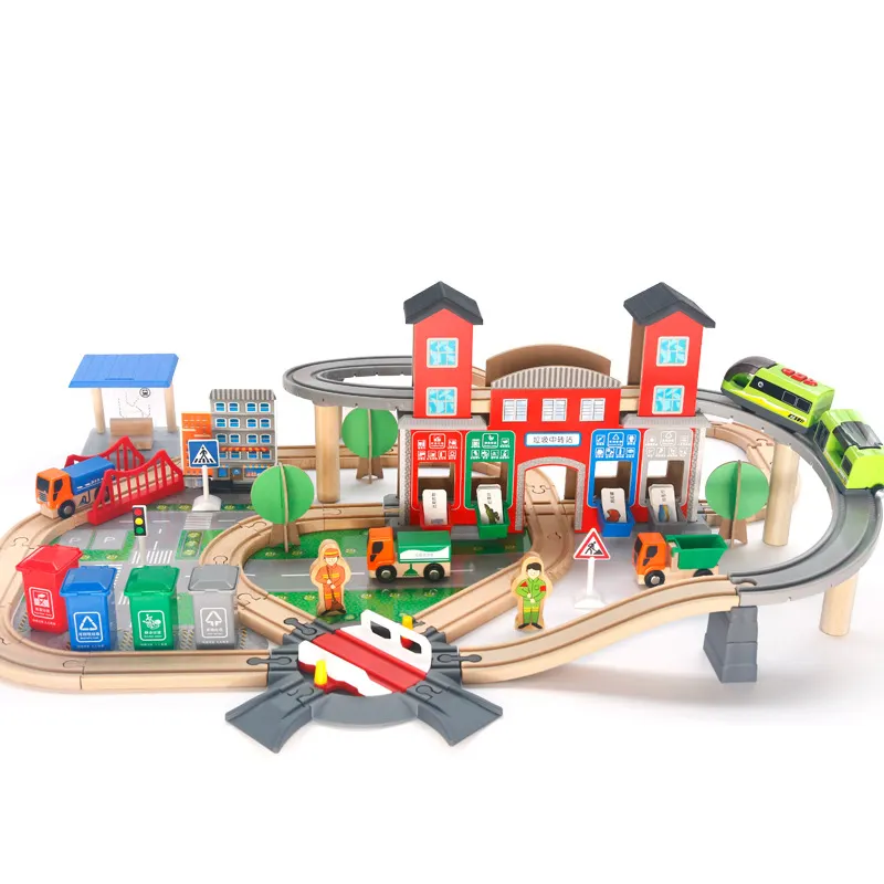 139 Uds haya niños Juego educativo DIY bloques de construcción tren vía férrea juego de tren de madera juguete para niños tren de juguete