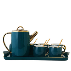Nuovo arrivo set da tè in ceramica oro verde 8 pezzi con vassoio sei tazze in <span class=keywords><strong>porcellana</strong></span> piattino teiera per regali per caffè - Product Image 1