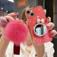 Coque de téléphone antichoc de luxe pour filles avec nœud, strass, placage miroir, TPU et boule de fourrure, avec dragonne, pour 13 12 Pro Max