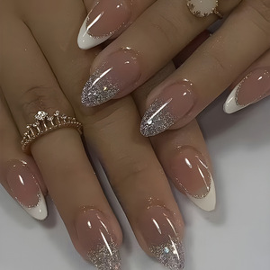 <span class=keywords><strong>Uñas</strong></span> Postizas Acrílicas Elegantes con Punta Francesa, <span class=keywords><strong>Uñas</strong></span> Postizas Largas en Forma de Almendra con Degradado de Purpurina Plateada, Arte de <span class=keywords><strong>Uñas</strong></span> de Lujo Reutilizables para Novias - Product Image 1