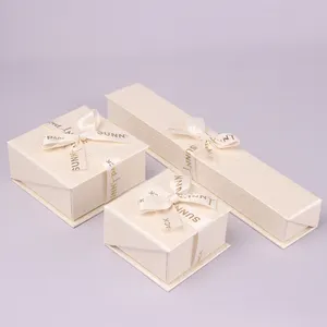 Custom logo ribbon bow magnetic close ring earrings box cream jewellery packaging for jewelry