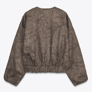 Chaqueta de gamuza personalizada para <span class=keywords><strong>mujer</strong></span> con cuello redondo, cremallera completa y cordón bordado. - Product Image 4