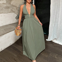 Robe longue maxi personnalisée avec logo, col halter plongeant en V, dos nu, froncée, taille haute, coupe trapèze, pour femme, idéale pour l'été, la plage ou les soirées.