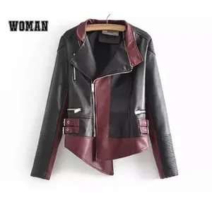 Burgundy Fashion mantel pendek wanita, jaket kulit Pu kulit domba kerah berdiri warna hitam musim semi musim dingin