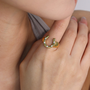 Wholesale 18K Gold Plated Stainless Steel U-Shape Zircon & Green Crystal <b>Stacking</b> <b>Rings</b> for Women - Product Image 2