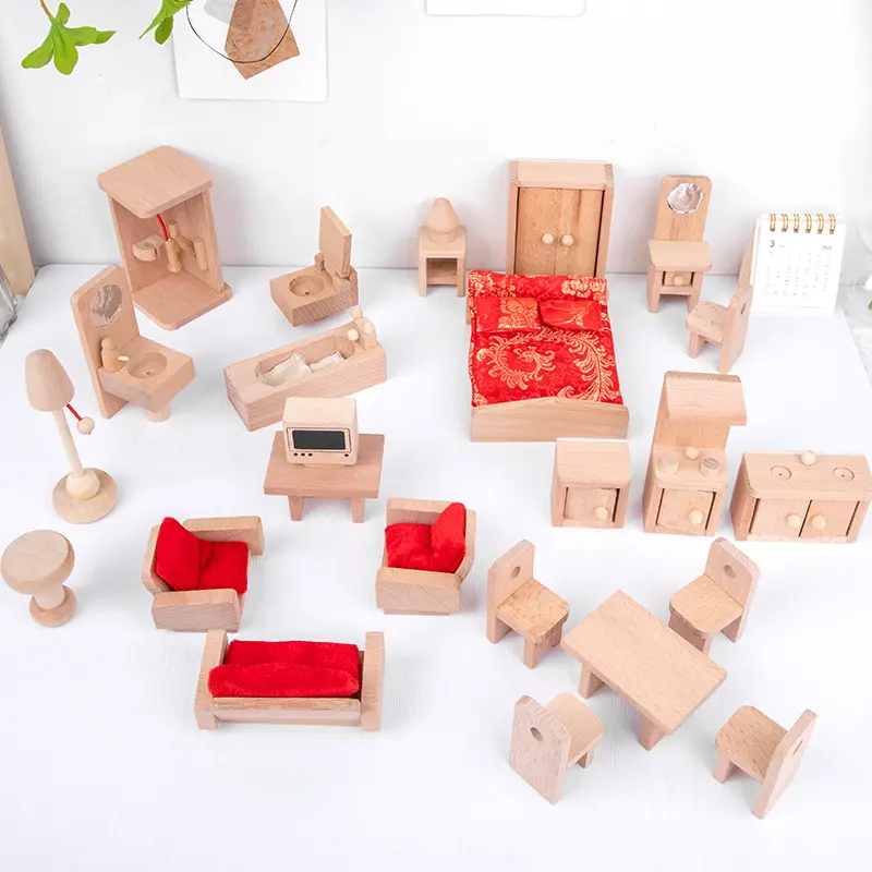 प्रेटेंड प्ले मिनी सिमुलेशन छोटा मॉडल लकड़ी का गुड़िया घर फर्नीचर खिलौना सेट
