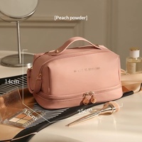 Sac cosmétique en cuir PU à texture denim, résistant à l'eau, organiseur de maquillage, trousse de toilette, sac de rangement à double couche pour femmes