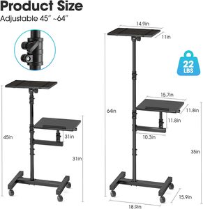 Rolling Projector Stand Cart Tripod with 2 Shelves Mobile <strong>Desk</strong> <strong>on</strong> <strong>Wheels</strong> Adjustable Height From 45" to 64" for Couch - Product Image 2