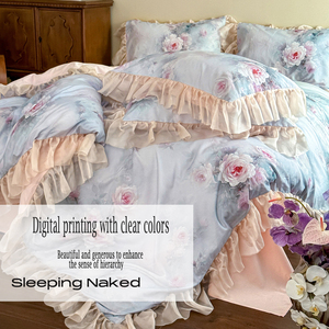 European Style Luxury Jardin Monet Big Flower Printed <strong>Ruffled</strong> 100% Cotton Eco-Friendly 300tc;600s 4-Piece <strong>Bed</strong> Sheet <strong>Set</strong> - Product Image 4