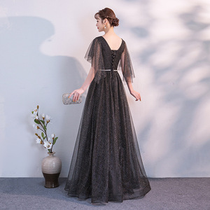 Women's Evening Gown V-Neck <b>A</b>-<b>Line</b> Chiffon Sheer Layer Natural Waistline Long <b>Dress</b> For Banquet Wedding Performance - Product Image 3