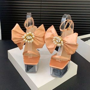 Chaussures transparentes pour femme à plateforme, avec grand nœud, talon épais sexy, style rétro - Product Image 3