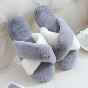 Luxury all match rabbit fur open-toe plush slippers thick soles Winter Indoor Women Slippers House Plush Soft Slippers