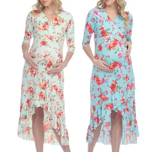 Одежда для беременных с цветочным принтом эластичное платье средней длины с оборками для беременных и кормящих матерей с рукавами 3/4