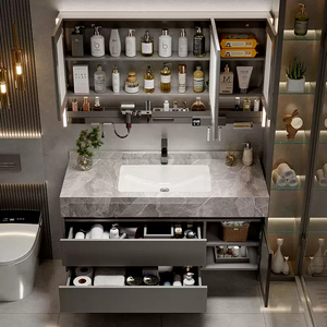 Modern new gray bathroom <b>cabinet</b> honeycomb mirror <b>cabinet</b> smart hanging <b>cabinet</b> led light time <b>display</b> - Product Image 6