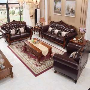 Ensemble de canapés en cuir véritable de luxe, design moderne vintage haut de gamme, canapé sculpté en bois pour salon, modulaire, sectionnel, livraison gratuite - Product Image 2