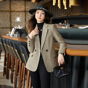 Women's Blazer Khaki Herringbone Wool <b>Blend</b> Slim Fit Anti-Wrinkle Office Wear - Product Image 1