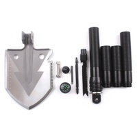 Pelle tactique multifonction en acier inoxydable 11 en 1 pelle de survie de poche pliante pour l'extérieur avec houe, lance à poisson