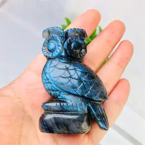 Hot sale high quality natural polished labradorite animals birds carvings healing blue crystal owls for fengshui decoration