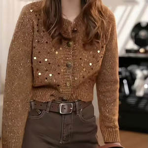 เสื้อสเวตเตอร์ถักมีกระดุมติดเลื่อมสำหรับผู้หญิงเสื้อคาร์ดิแกนแขนยาวสำหรับฤดูใบไม้ร่วง - Product Image 2