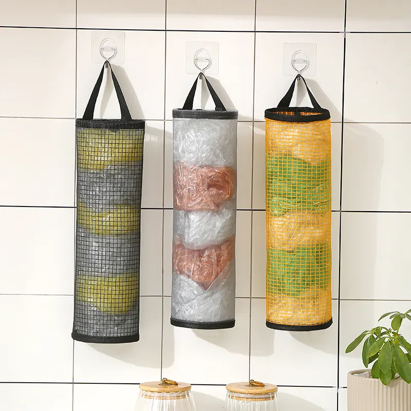 Kantong Sampah Dapur Organizer Kantong Plastik Pemegang Mesh Menggantung Tas Penyimpanan Dispenser