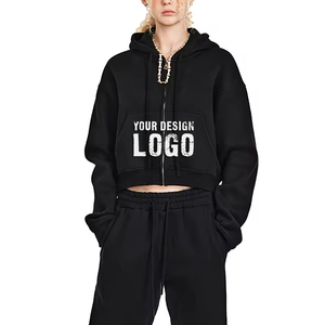 Sweat à capuche pour femme avec logo personnalisé, couleur unie vintage, fermeture éclair, mode décontractée, épaules tombantes, ample, épais, style « spicy girl », sweat à capuche court - Product Image 6