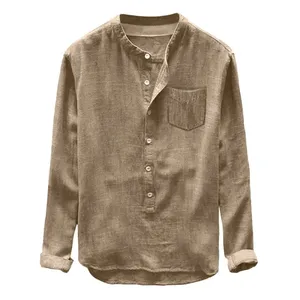 2022 Wholesale Full Sleeve Collarless Washed shirts Long Sleeve Men's Solid Linen Shirt for men