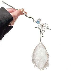 Pince à cheveux élégante en alliage, style chinois rétro, ornée de plumes et de perles, 18 cm, pour femme - Product Image 5
