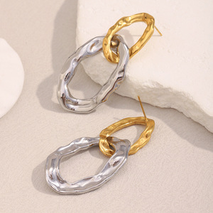 Pendientes Colgantes Ovalados Entrelazados Martillados Chapados <span class=keywords><strong>en</strong></span> Oro de 18K y Plata, de Acero Inoxidable 316L, Irregulares, para Mujer, Venta al por Mayor - Product Image 1