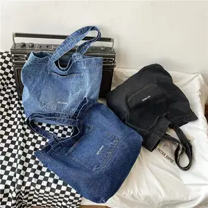 Bán Sỉ Túi Tote Mua Sắm Vải Denim In Theo Yêu Cầu Túi Đeo Vai Vải Bò Thường Ngày Cho Nam Nữ Túi Vải Bò Màu Xanh Da Trời Cho Nữ