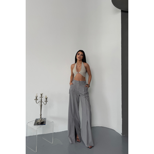 Women's <b>Loose</b>-<b>Fitting</b> Grey Colored Casual <b>Trousers</b> with Front Slit Detail and Belt Breathable Fashion Pants - Product Image 5