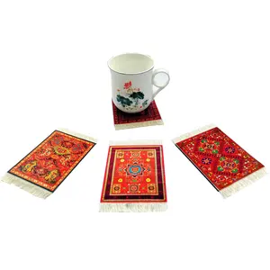 4pcs set Oriental Printed Rug Coasters with tassel for Drink