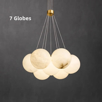 Lustre moderne de luxe rond en cuivre massif avec boule en albâtre naturel, hauteur réglable, lumière blanche chaude, luminaire suspendu pour cuisine à plafond haut