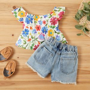 Nouveaux produits sur le marché chinois bébé filles mode dessin animé rosée épaule imprimé T-shirt Denim pantalon court vêtements costume - Product Image 2