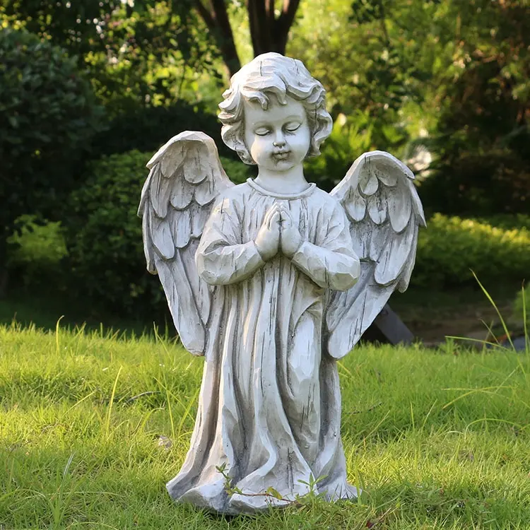 China fabriek polyresin bidden jongen tuin engelen standbeelden, hars decor bidden engel tuin standbeeld &