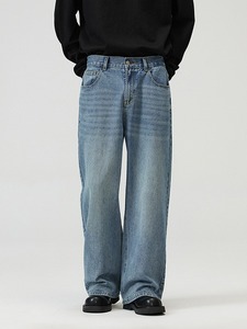 Jeans <span class=keywords><strong>Baggy</strong></span> Homme Lavé Noir Bleu, Coupe Ample Streetwear, Jambes Larges, Coton <span class=keywords><strong>Vintage</strong></span> Délavé, Logo Personnalisé - Product Image 3