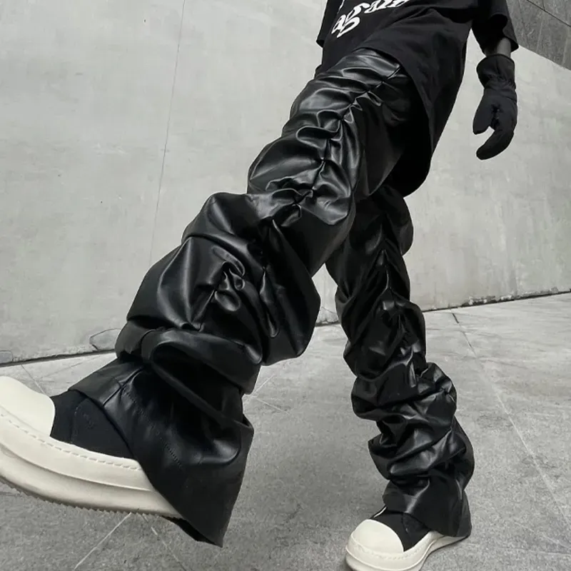 Glänzende plissierte Hip Hop Hose Pu Leder Vintage Street Wear Loose Casual Stacked Shirring Pants Oem Custom Punk für Männer