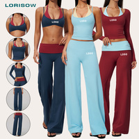 LORISOW Ensemble de sport superposé personnalisé pour femme avec logo, haut court à manches longues et pantalon évasé, idéal pour le Pilates et l'entraînement en salle de sport – Importateurs