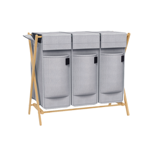 Cesto de Ropa Sucia de Bambú Extraíble de Dos Niveles con 3 Compartimentos Grandes para Ropa Sucia - Product Image 1