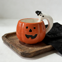 Nouvelle Tasse à Café en Céramique Citrouille Halloween 2026 avec Poignée Fantôme 3D - Design Jack-O'-Lantern, Vaisselle d'Automne Compatible Lave-Vaisselle et Micro-ondes