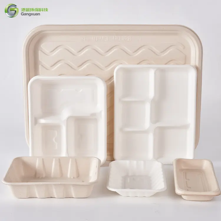 Bandeja de pulpa de caña de azúcar natural ecológica sin PFAS, plato de papel de bagazo desechable blanco rectangular personalizado