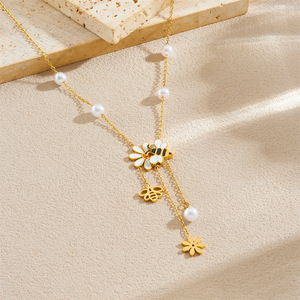 Cartoon Bee Flower Pearl Pendant Tassel Chain Necklace Fashion Jewelry Gift For Women Zinc Alloy N3547 - Product Image 2