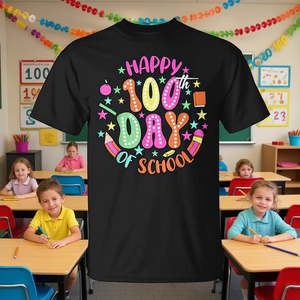 Maglietta Colorata con Matite per il 100° Giorno di Scuola, T-Shirt Promozionale - Product Image 3