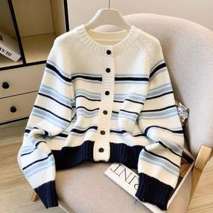 Cárdigan de Punto a Rayas Estilo Universitario, Blanco, Azul, Negro, con Botones, Suéter Abrigo de Otoño Invierno para Mujer, Moda con Contraste de Color - Product Image 1