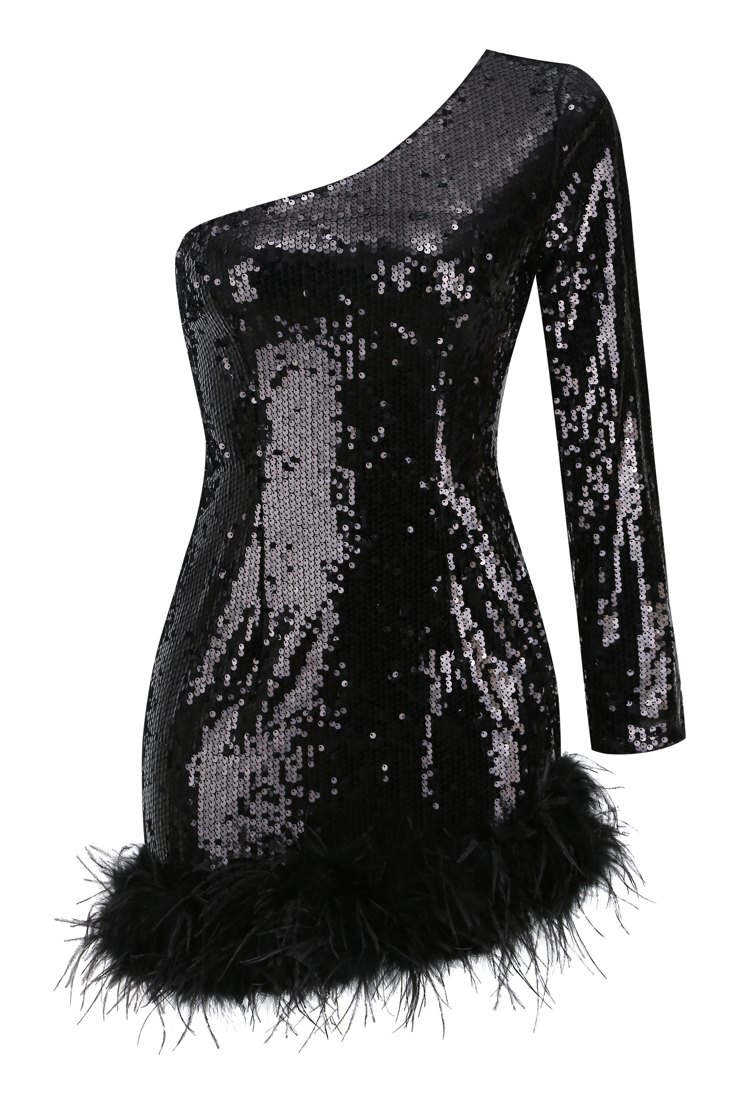 Women Shiny Sequined One Shoulder Long Sleeve Black Evening Dress Autumn  Mini Party Dresses With Feathers| Alibaba.com