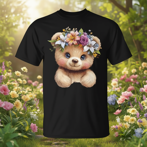 Camiseta con ilustración de oso de peluche con corona floral, unisex, para adultos, de algodón negro - Product Image 3
